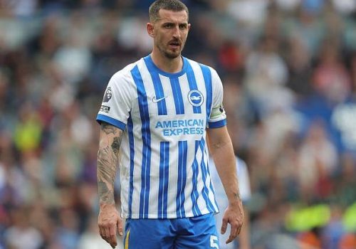 BRIGHTON, ENGLAND - APRIL 12: Lewis Dunk of Brighton & Hove Albion during the Premier League match between Brighton & Hove Albion FC and Leicester City FC at Amex Stadium on April 12, 2025 in Brighton, England. (Photo by Crystal Pix/MB Media/Getty Images)