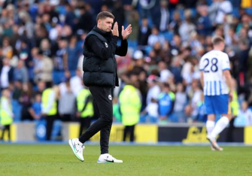 BRIGHTON, ENGLAND - SEPTEMBER 14: Fabian Huerzeler, Manager of Brighton & Hove Albion, applauds the fans following the Premier League match between Brighton & Hove Albion FC and Ipswich Town FC at Amex Stadium on September 14, 2024 in Brighton, England. (Photo by Henry Browne/Getty Images)