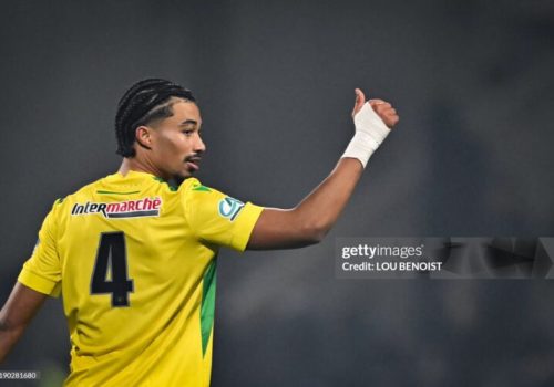 Nantes' French defender #44 Nathan Zeze celebrates after scoring the team's third tryduring the French Cup round of 64 football match between Drancy JA and FC Nantes, at the Bauer Stadium in Saint-Ouen, outside Paris, on December 21, 2024. (Photo by Lou BENOIST / AFP) (Photo by LOU BENOIST/AFP via Getty Images)
