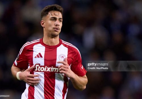 Charalampos Kostoulas of Olympiacos El Pireo reacts during the UEFA Europa League match between FC Porto and Olympiacos El Pireo at Estadio Do Dragao in Porto, Portugal, on January 23, 2025. (Photo by Jose Manuel Alvarez Rey/JAR Sport Images/NurPhoto via Getty Images)