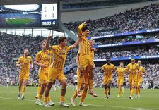 LONDON, ENGLAND - MAY 25: Diego Gomez of Brighton & Hove Albion goal celebration after scoring to put Brighton & Hove Albion 4-1 ahead during the Premier League match between Tottenham Hotspur FC and Brighton & Hove Albion FC at Tottenham Hotspur Stadium on May 25, 2025 in London, England. (Photo by Crystal Pix/MB Media/Getty Images)