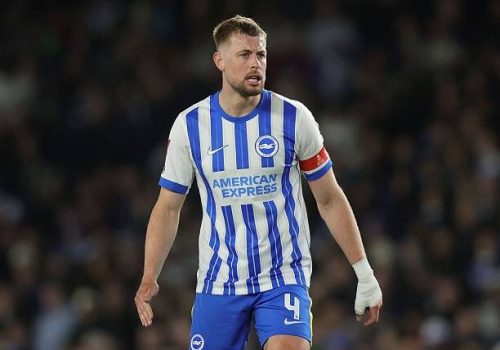 BRIGHTON, ENGLAND - MARCH 29: Adam Webster of Brighton & Hove Albion during the Emirates FA Cup Quarter Final match between Brighton & Hove Albion and Nottingham Forest at Amex Stadium on March 29, 2025 in Brighton, England. (Photo by Crystal Pix/MB Media/Getty Images)